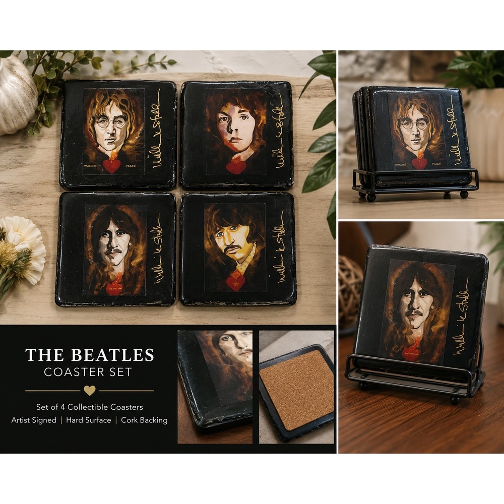The Beatles Coaster Set 4 William K Stidham Sacred Heart Artist Signed Cork Back